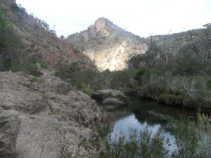 At the bottom of Werribee Gorge amongst the rocks and water.