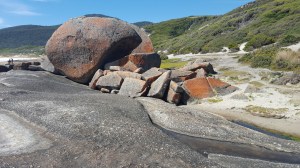 Ochres and greys in the rocks on Squeaky Beach.